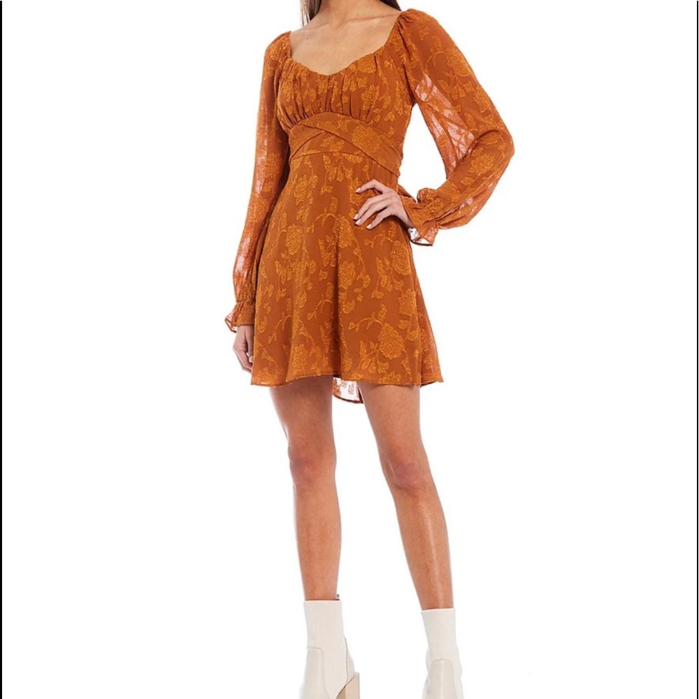 Long-Sleeve Clip-Dot/Floral Jacquard Fit-And-Flare Dress